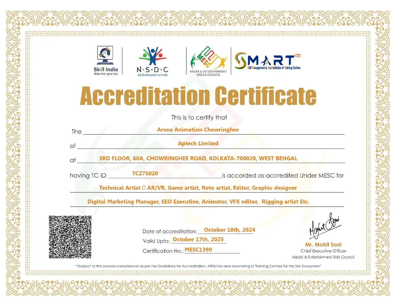 MESC certificate Arena Animation Accreditation Certificate